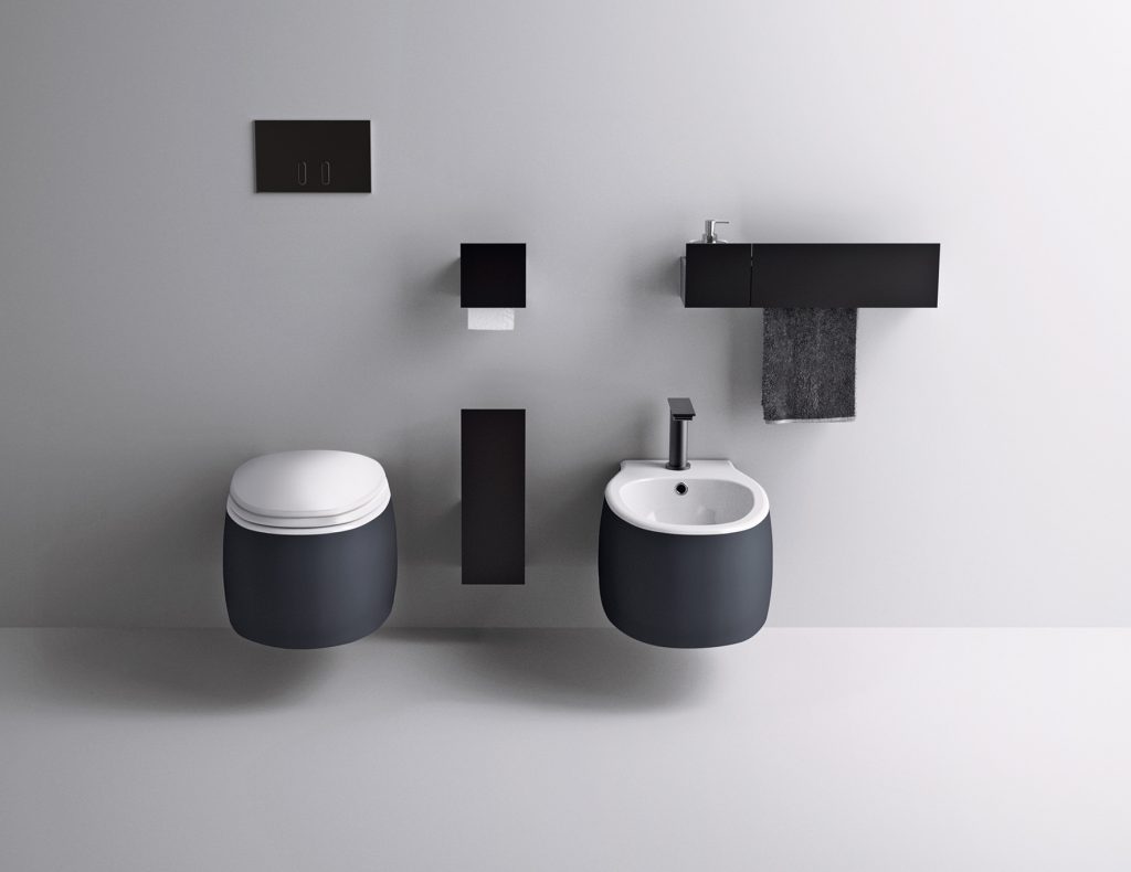 Toilette und Bidet in schwarz aus der Pear2 Kollektion von Agape